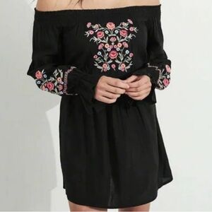 Off the Shoulder Black Embroidered Floral Dress Size S